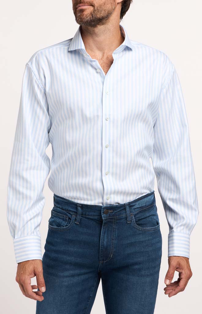 eterna dress shirts Eterna Modern Fit Luxury Dress Shirt in Blue-White Banker Stripe Boardroom Clothing Company