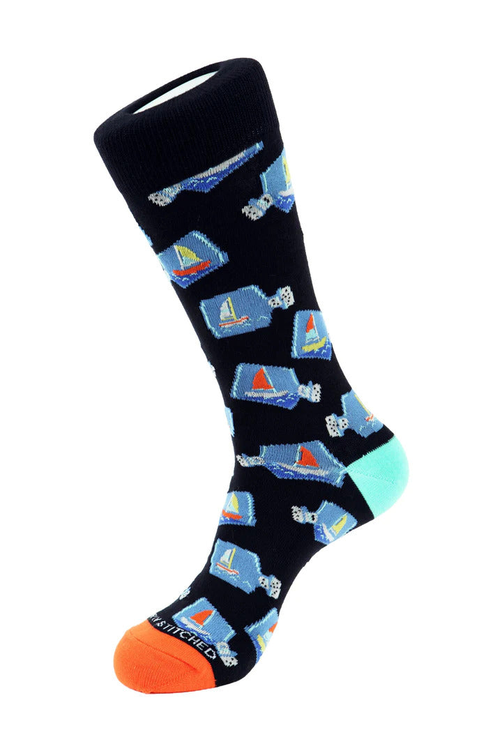 Unsimply Stitched Boats in Bottle Crew Sock