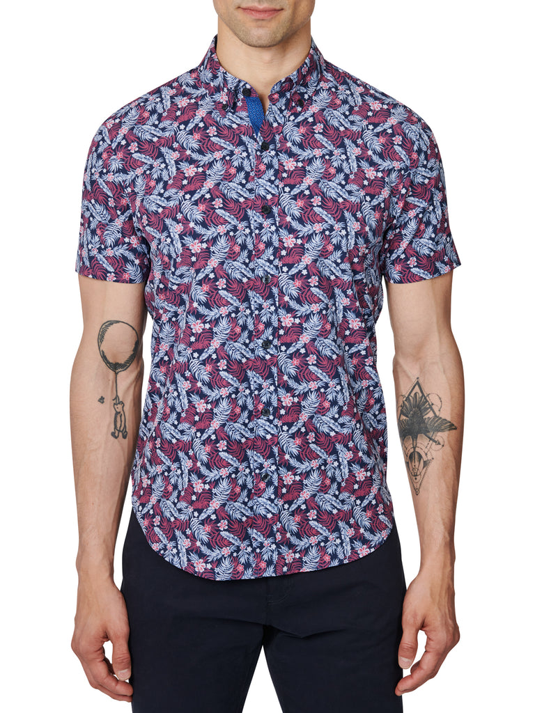 Navy Floral Print Stretch Poplin Short Sleeve Shirt – JACHS NY