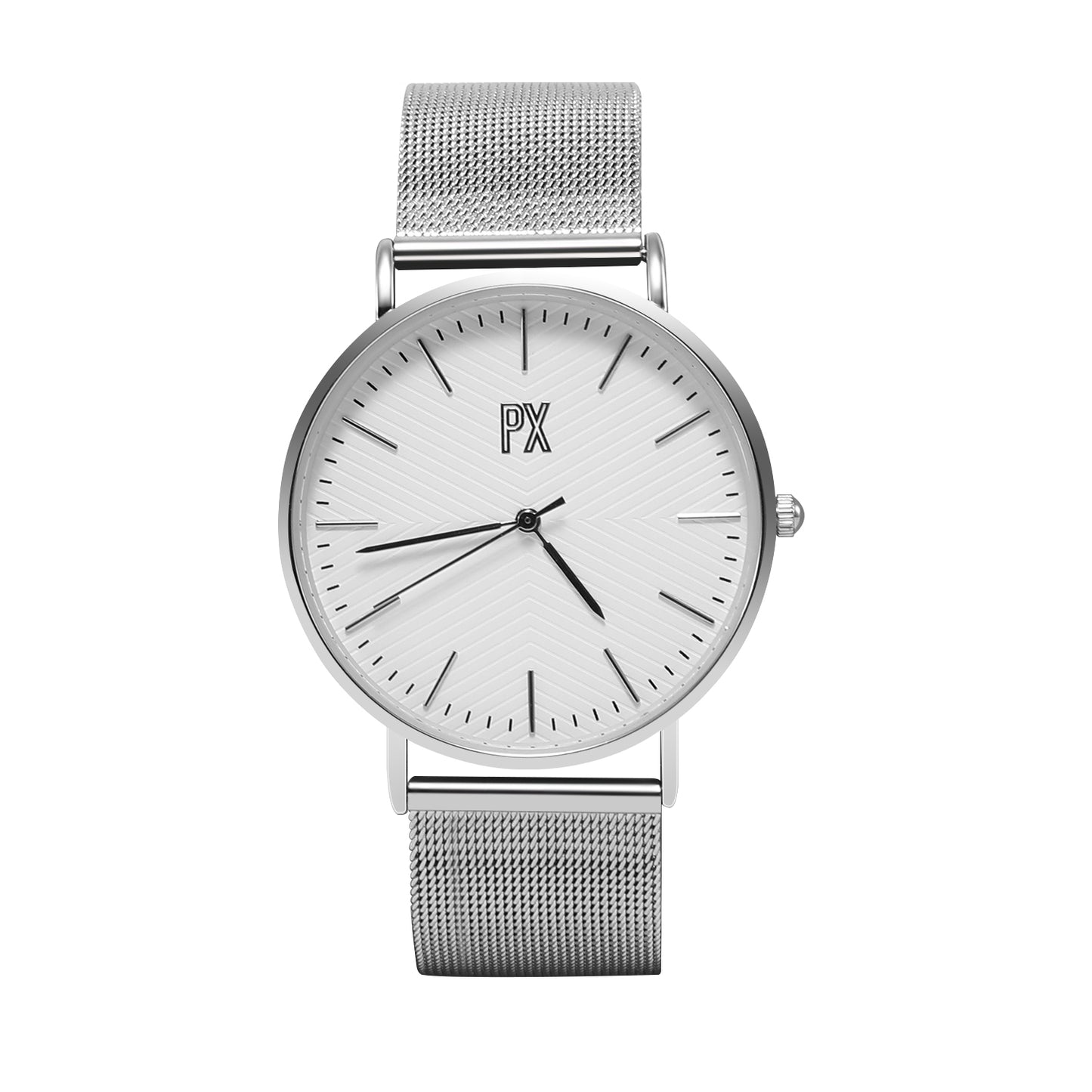 PX Silver Mesh Strap Watch with White Printed Face
